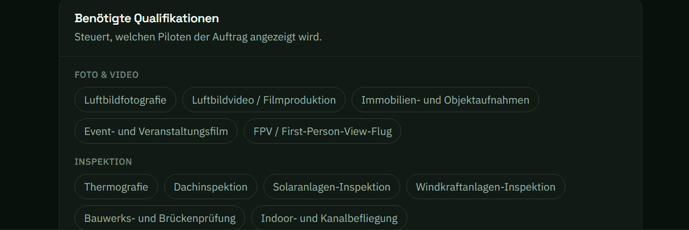 Die Auswahl der benötigten Qualifikationen im Auftragsformular von PilotFinder, gruppiert nach Foto & Video und Inspektion