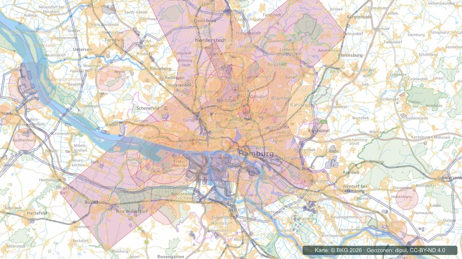 Geozonen über Hamburg: die Kontrollzone des Flughafens überspannt weite Teile der Stadt