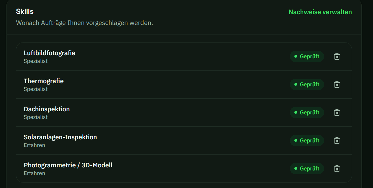 Belegte Skills mit Prüfstatus in einem Pilotenprofil: Thermografie, Dachinspektion und Photogrammetrie, jeweils mit Prüfsiegel