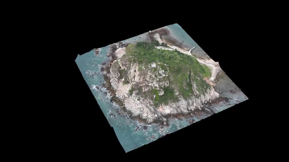 Dreidimensionales Geländemodell einer Insel, aus Drohnenaufnahmen gerechnet
